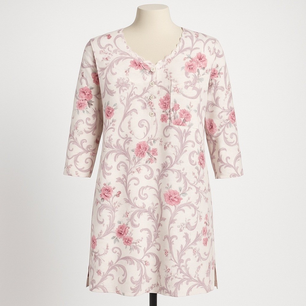 Vtg Komar Floral Scalloped Neck Nightgown Size M Long‎ Sleeve Granny Cottagecore